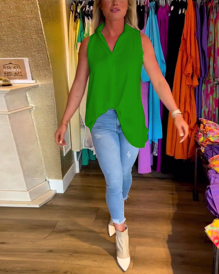 Tahliana - Sleeveless Top with Subtle Ruffles and Elegant Lapels