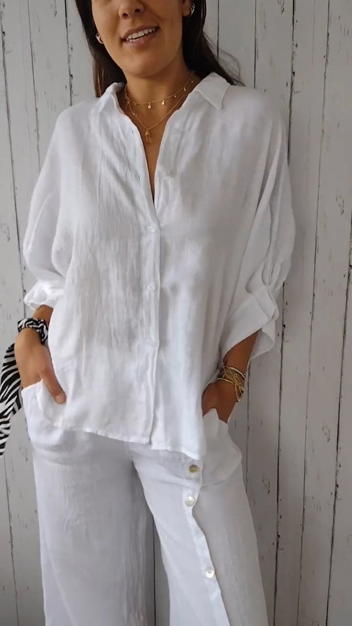 Delphira - Cotton and linen shirt with tie at the back