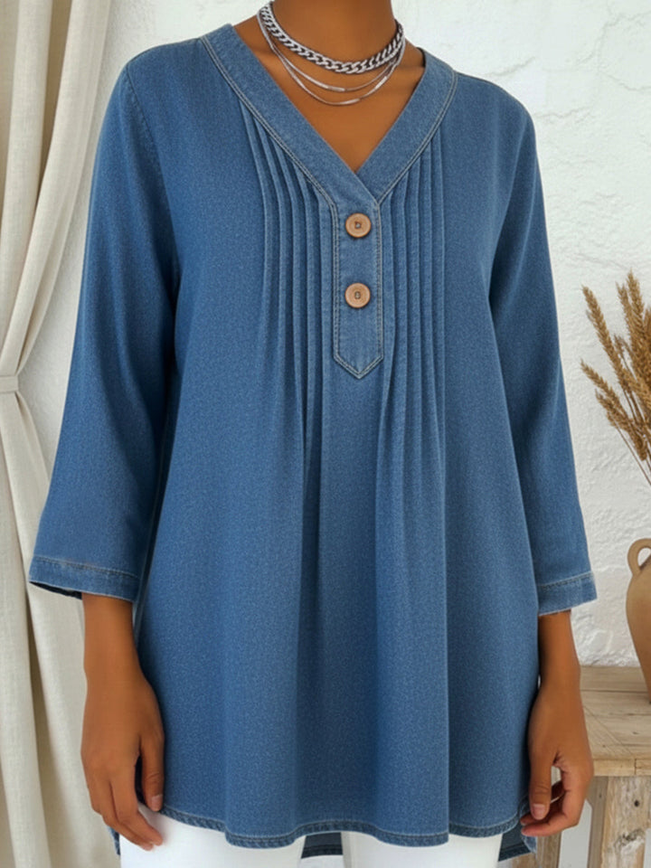 Avelynne - Flowy Denim Blouse with V-Neck