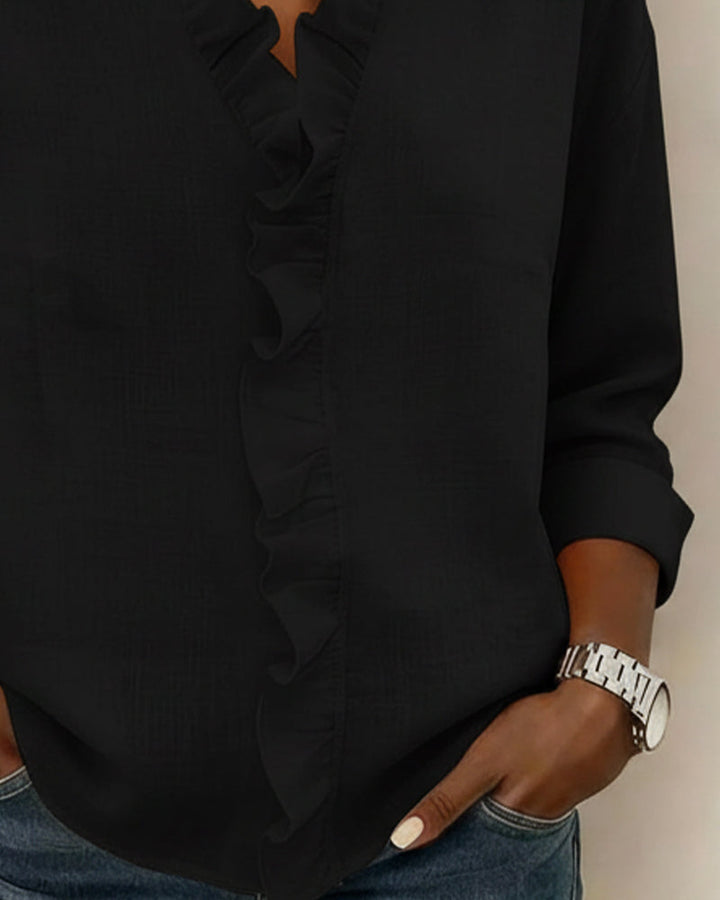 Elissavienne - Elegant Cotton Blouse with Ruffles and V-Neck