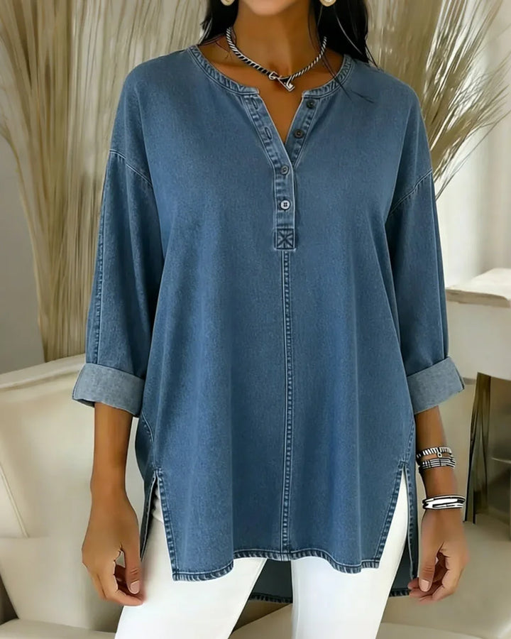 Heliravessa - Button-Down Casual Denim Top with V-Neck