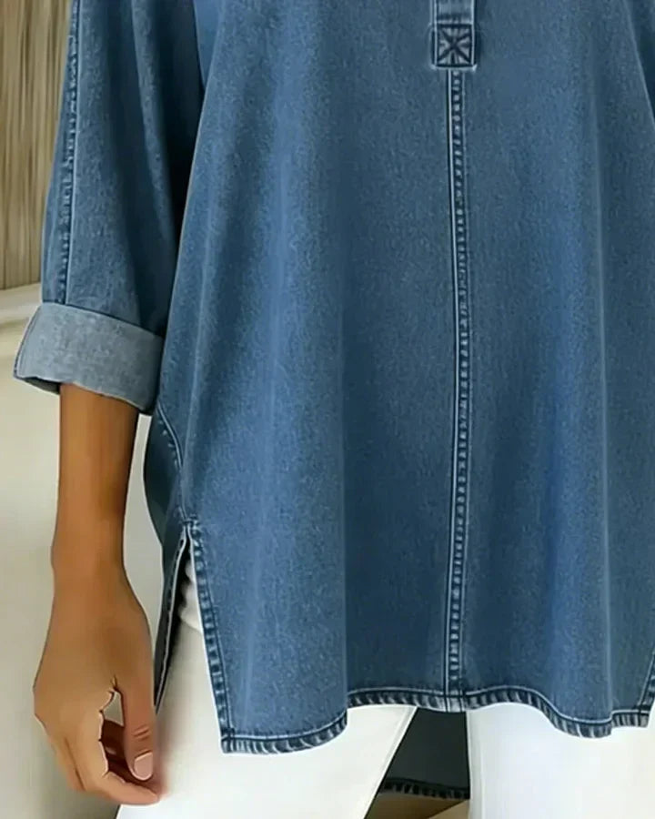 Heliravessa - Button-Down Casual Denim Top with V-Neck