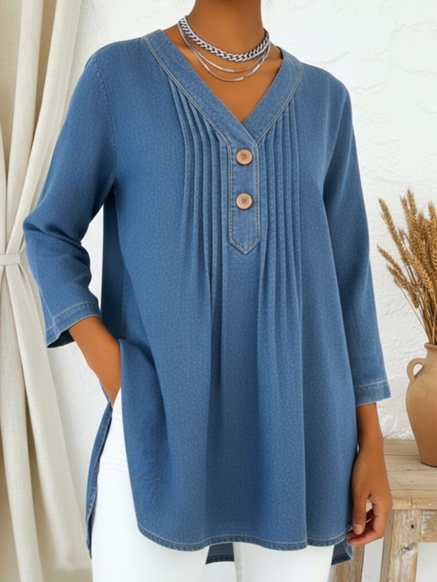 Avelynne - Flowy Denim Blouse with V-Neck